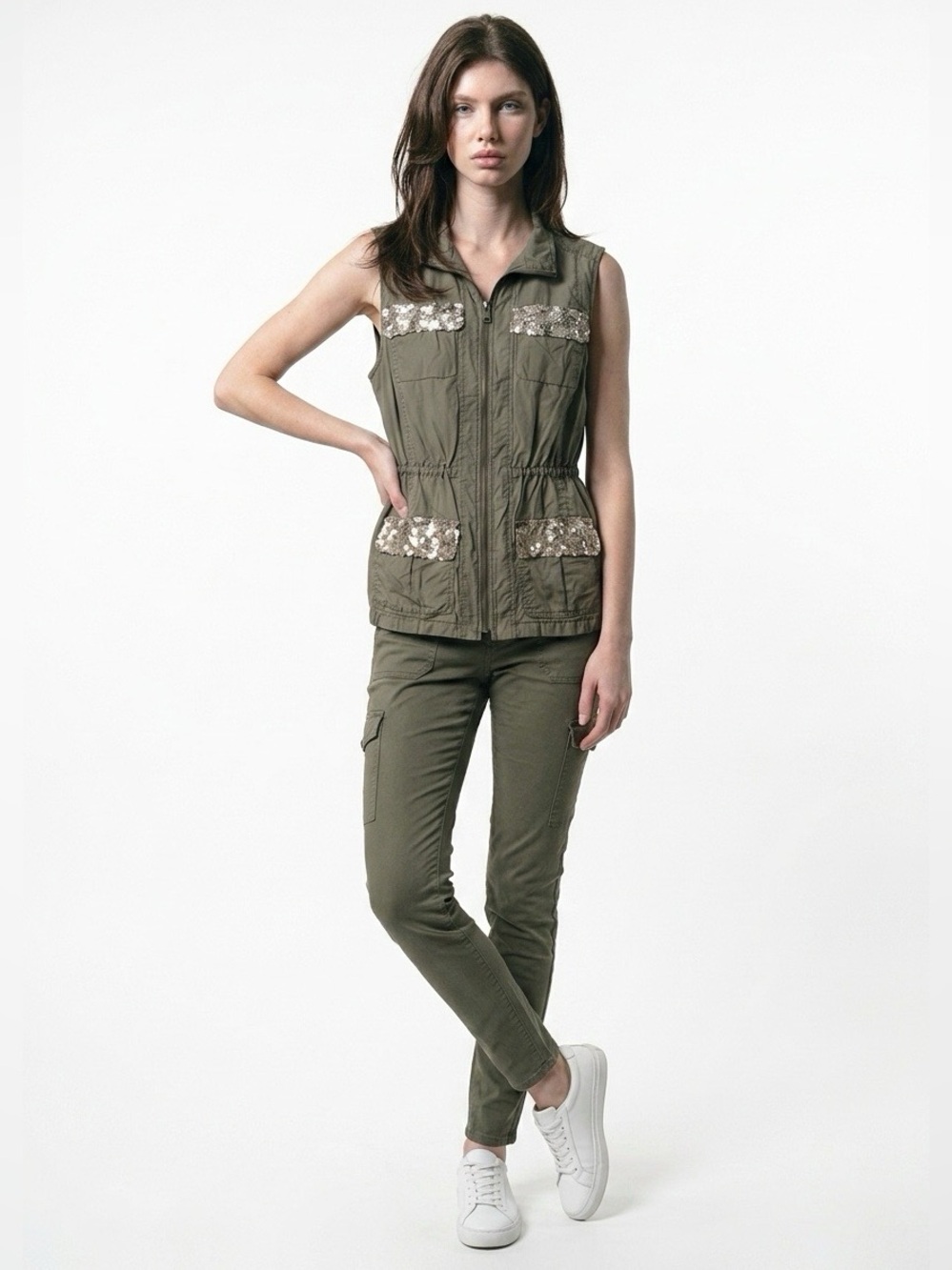 Chico’s Utility Vest with Sequins Pockets 2 Large 12 Khaki Green Zip Front